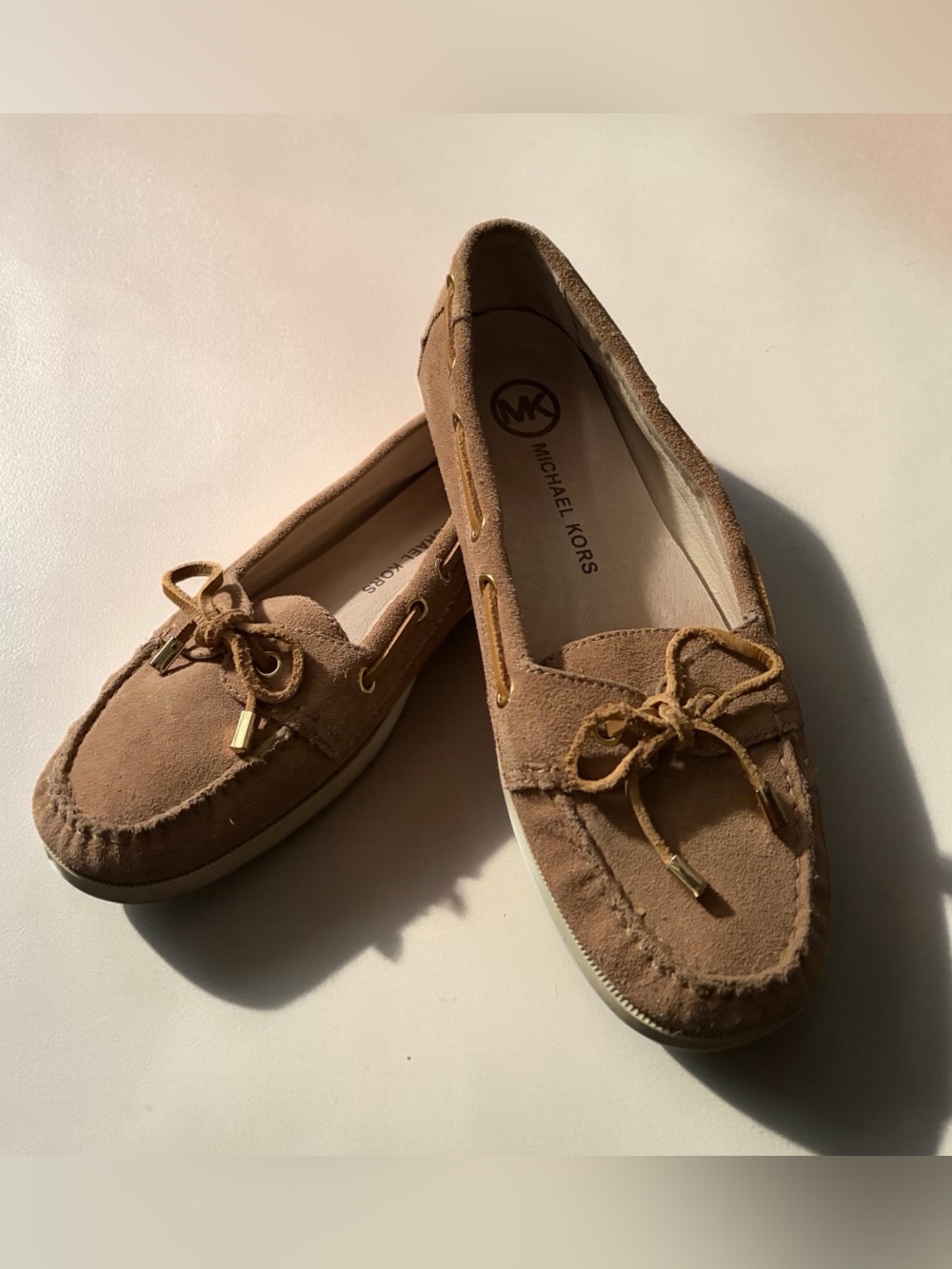 Michael Kors Sutton Tan Suede Moccasin Loafers with Bow and Gold Aglets